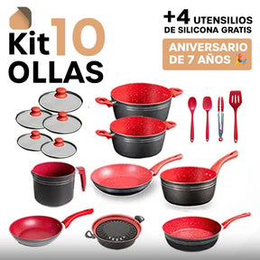 KIT DE 10 OLLAS ANTIADHERENTES + 4 UTENSILIOS DE SILICONA DE REGALO