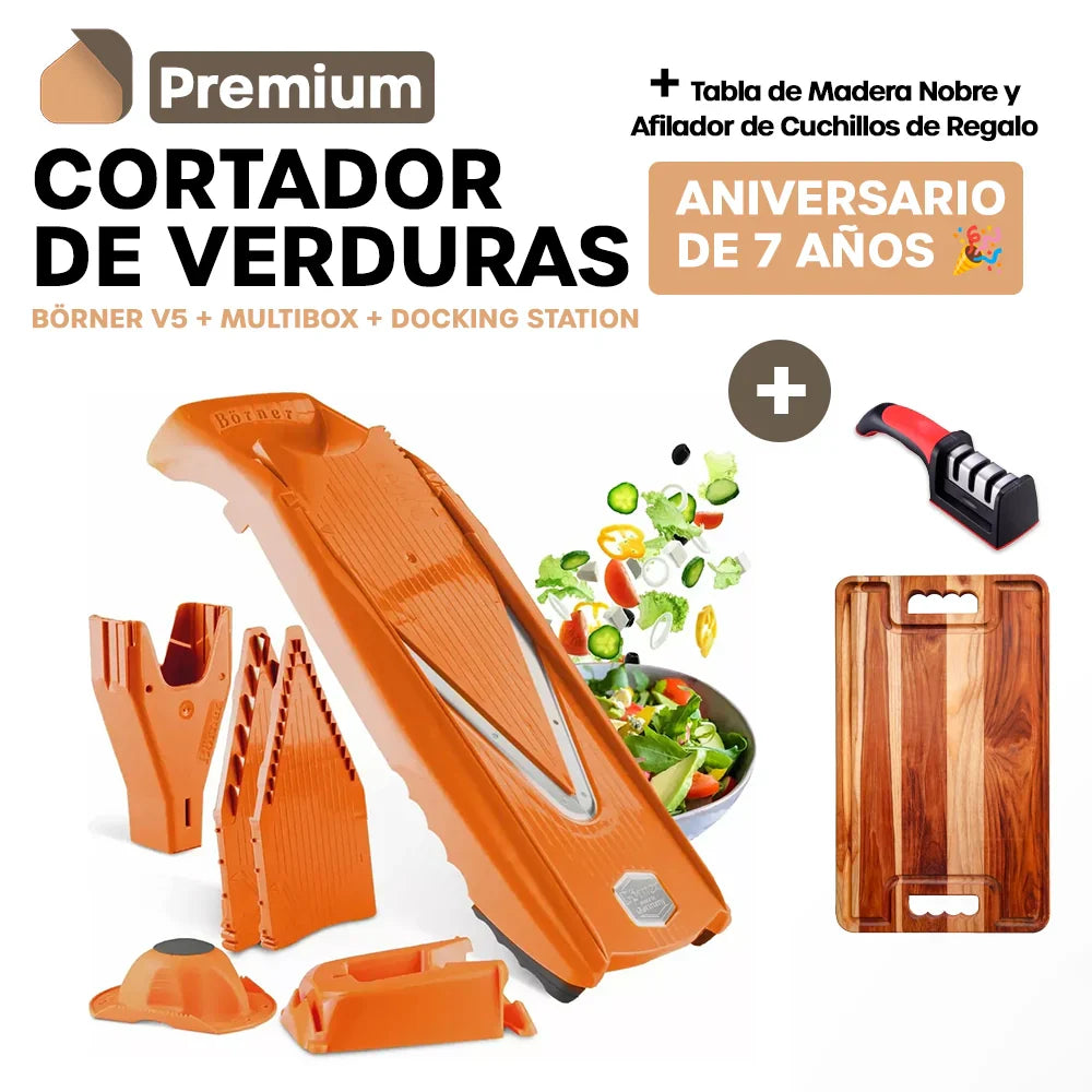 Cortador de Verduras Börner V5 + MultiBox + Docking Station + Tabla de Madera Nobre y Afilador de Cuchillos de Regalo - Precisión y Durabilidad Alemana