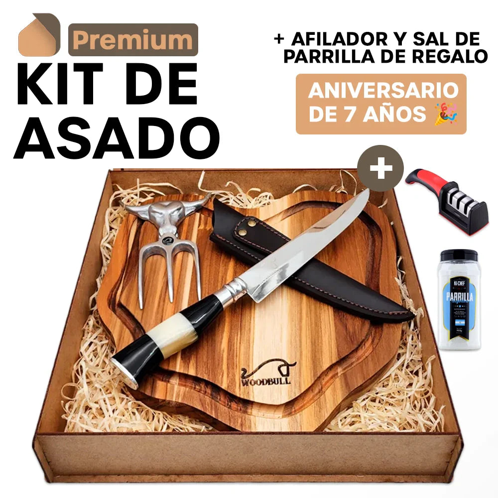 Kit de Asado Premium – Cuchillo de Acero Damasco, Garra de Oso, Tabla de Madera + Afilador y Sal de Parrilla de Regalo